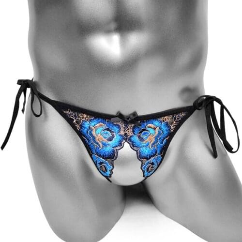 Men Crotchless Thong Panties Lace Adjustable Waist Sissy Embroidery Panties Underwear See Through Mesh Sexy Lingerie for Male