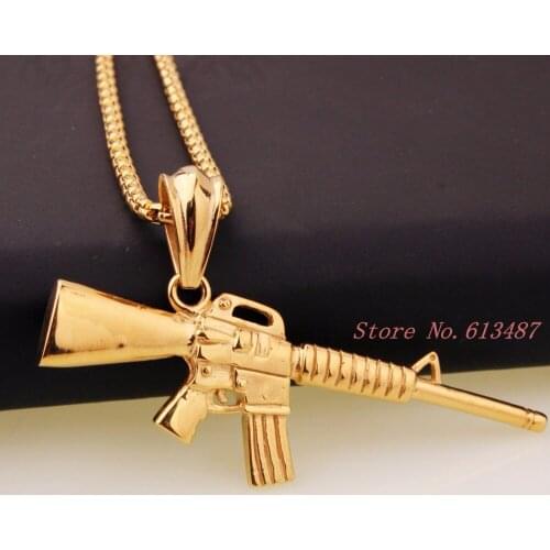 Newst Hip Hop Jewelry Gold Stainless Steel M16 Submachine Gun Model Pendant Mens Box Chain Necklace