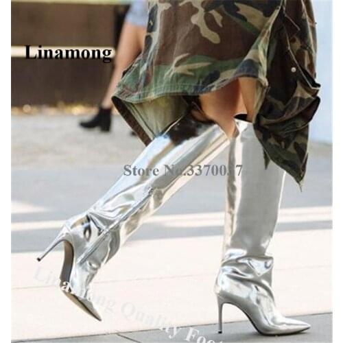 Linamong Silver Mirror Patent Leather Stiletto Heel Knee High Boots Charming Pointed Toe Long High Heel Boots Nightclub Heels