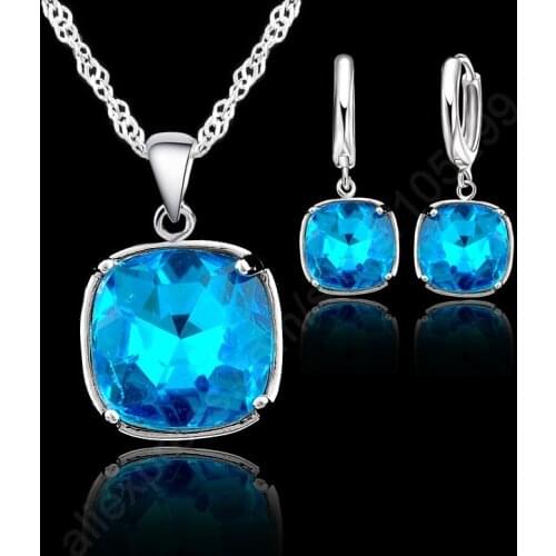 Christmas Gift 925 Sterling Silver Square Pendant Necklace Earrings For Women Girls Best Wedding Jewelry sets