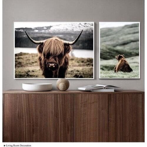 Nordic Canvas Painting Highland Cow Mountain Ainmal Landscape Wall Art Print Poster Picture Living Room Home Decor Drop Shipping