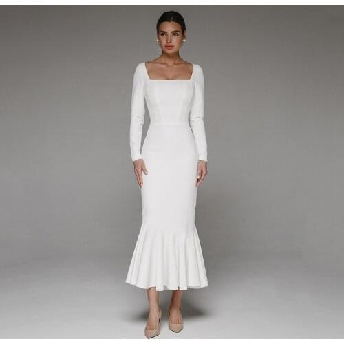 Ankle Length Sheath Bridal Dress Long Sleeve Civil Square Collar Zipper Back Wedding Gowns White Party For Bride Robe De Mariée