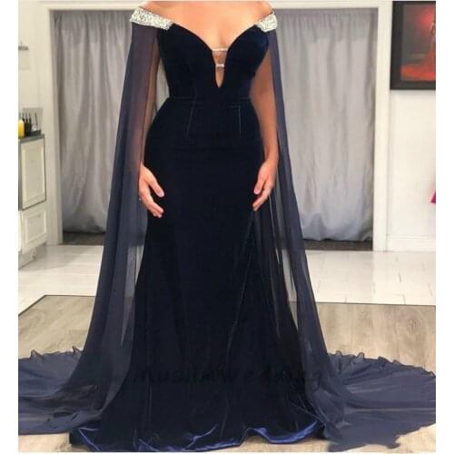 Dark Navy Velvet Prom Dresses Sexy Off The Shoulder Caftan African Prom Dress 2020 Cheap Beaded Long Evening Dress Party Wear