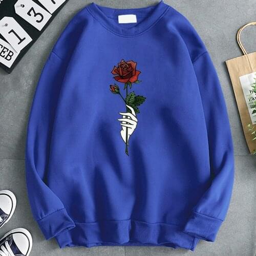 Rose Red Flowers Printed Hoodie Sweatshirts Men O Neck Loose Pocket Mens Hooded Clothes Crewneck Kpop Harajuku Hooded Top Mens