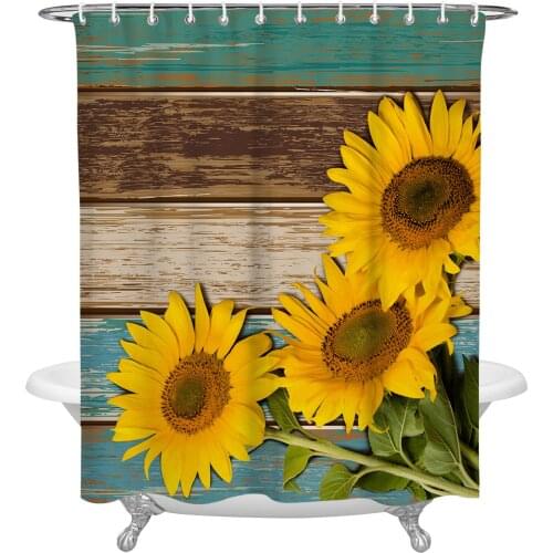 Pastoral Style Sunflower Vintage Plank Shower Curtain Waterproof Polyester Fabric Bathroom Curtain Home Bath Curtain with Hook