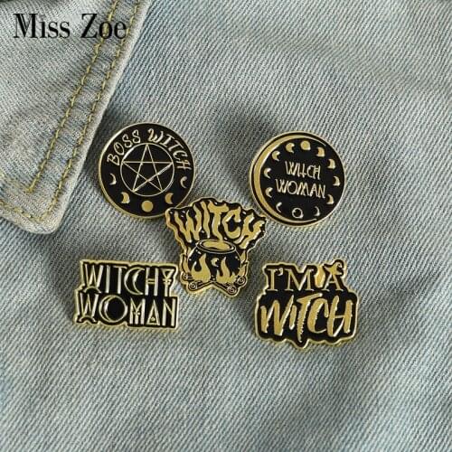 Witch Woman Enamel Pins Black Wizard Divination Brooch Lapel Badge Bag Dark Black Fire Jewelry Gift for Friends