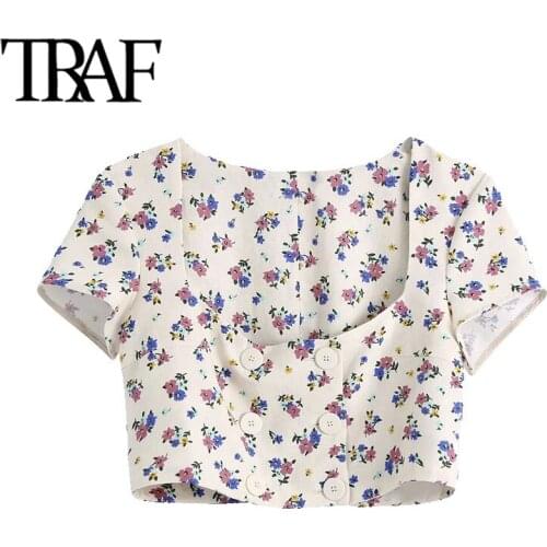 TRAF Women Sweet Fashion Floral Print Cropped Linen Blouses Vintage Square Collar Short Sleeve Female Shirts Chic Tops