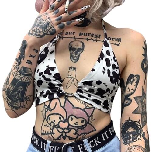 Women Summer Crop Tops Milk Cow Print V-Neck Sleeveless Sling Vest with Metal Ring for Girls For Dating Shopping Music Festivals