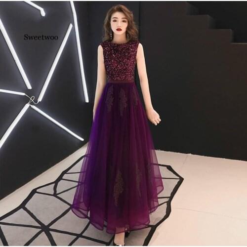 Purple Sequin Sleeveless Long Dresse Women Party Night embroid Tulle Vestidos de Gala Plus Size