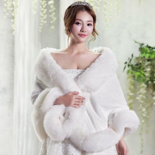 Ivory Winter Warm Faux Fur Women Wedding Bride Wrap Evening Dinner Formal Stole Lady Thermal Party Daily Shawl Prom Rolled Cloak