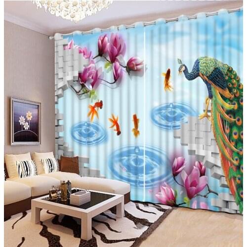 3D Curtain Classic Home Decor Curtain Design Brick Wall, Peacock Flower, Goldfish Curtains For Bedroom Blackout Shade Window