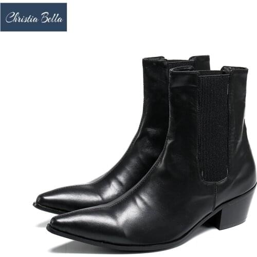 Christia Bella Fashion Genuine Leather Men Boots Increase Height Mid Heel Man Party Boots Slip on Chelsea Boots Male Dress Shoes