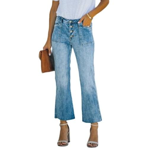Sexy Low Waist Button Flared Jeans Women Blue Vintage Ankle Length Flared Pants Denim Trousers Lady Summer Casual Denim Pants