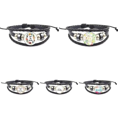 EJ Glaze Isn't She Lovely Watercolor Floral For Women Gifts Boy Jewelry With Glass Cabochon Black Leather Bracelet Bangle