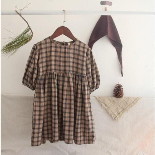 2021 Korea style girls plaid dress fashion cotton linen autumn full sleeve girls dresses 2-7 years YU830
