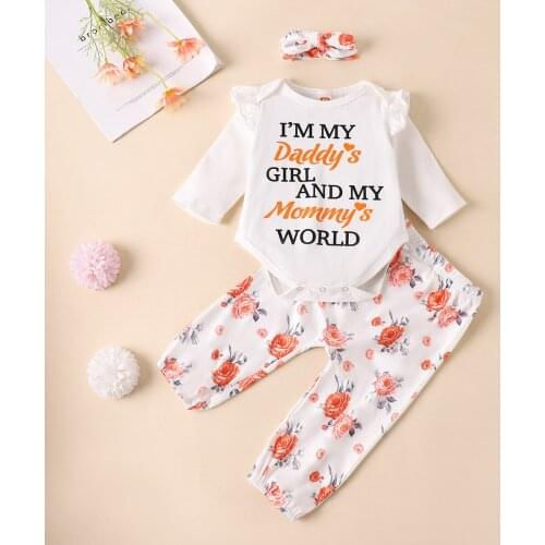 3Pcs Baby Girl Clothes Set Fashion Autumn Long Sleeve With Letters And Printing Flowers Romper Tops Pants Hat Infant Clothi