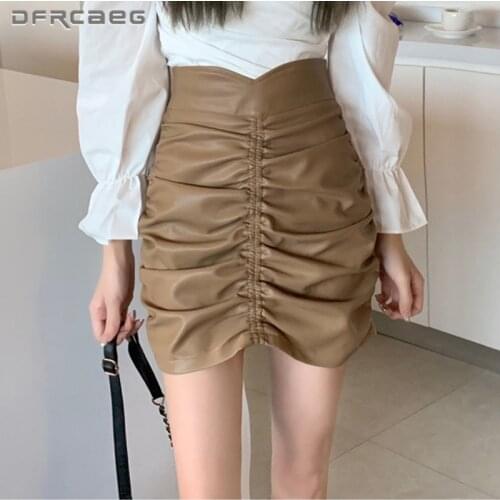 Brown High Wasit Faux Leather Folds Mini Skirts For Women 2021 Autumn Winter Slim Korean PU Short Skirt Feminino