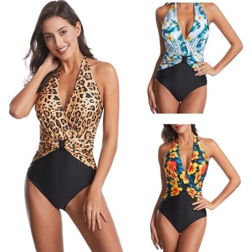 Leopard Floral One-piece Swimsuit Deep V Backless Halter Beachwear Sexy Bikini 2021 New Ladies Beach Bathing Tie Wais Swimwear