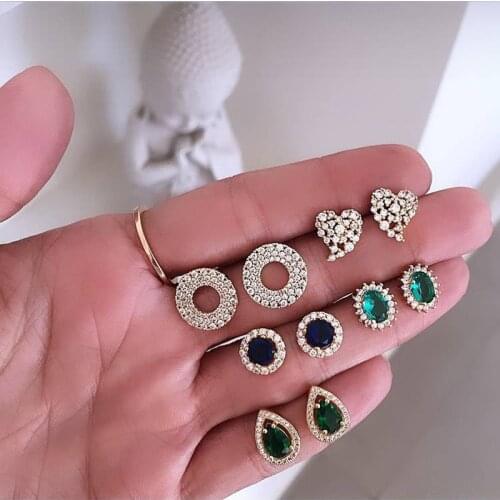 5 Pair/Set Fashion Geometric Crystal Water Drop Heart Stud Earrings for Women Personality Wedding Party Jewelry Gifts
