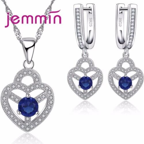Hot Blue Crystal Jewelry Sets Silver 925 Women Hollow Out Heart Rhinestone Pendants Necklace Earrings Set For Anniversary