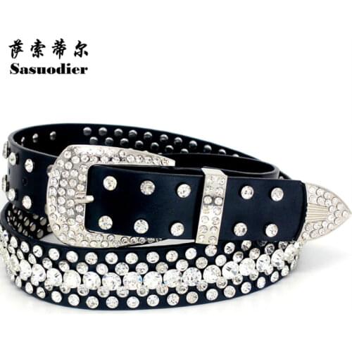 2017 New Fashion Rhinestone belts for women Luxury Designer Genuine leather belt High quality Cow second layer skin strap female