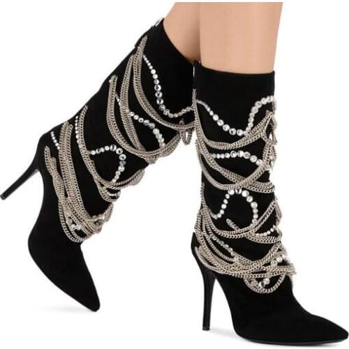 New arrive fashion woman black suede leather pointed toe metal chain tassel knee high boots woman rhinestone chain tassel boots
