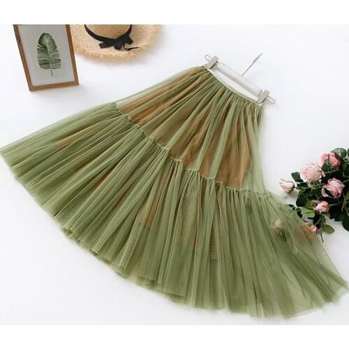 OHRYIYIE Green High Waist Tulle Skirts Women 2021 Spring Summer Sweet Tutu Skirt Female Mesh Midi Skirt Jupe Longue Femme