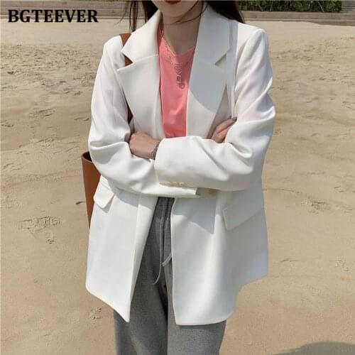 BGTEEVER Stylish Double Breasted Loose Female Suit Jackets Casual Notched Collar Full Sleeve Women White Blazer Tops 2021 Autumn
