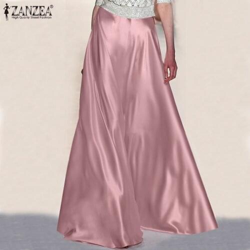 Women Vintage Faldas Saia 2021 ZANZEA Elegant Satin Skirts Summer Elastic Waist Maxi Skirt Casual Holiday Party Loose Jupe Robe