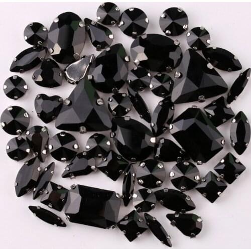 Silver claw setting 50pcs/bag shapes mix Black glass crystal sew on rhinestone wedding dress shoes bag diy trim