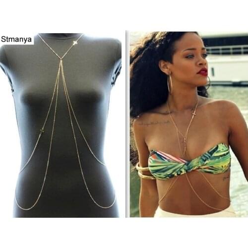 Hot Sale Bohemia Gold Color Crossed Shape Pendant Body On the Chain Ladies Sexy Beach Bikini Bra Body Waist Chain D1047