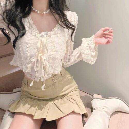 Lace Chiffon shirt +skirt 2 pieces sets womens summer thin sunscreen cardigan 2021 new white short long sleeve top
