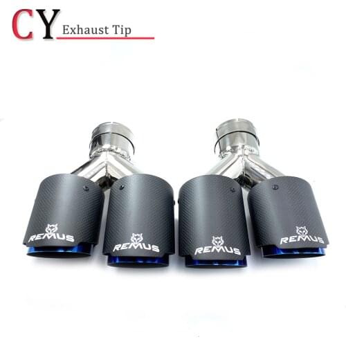 1Pair Dual Matt Black Carbon Fiber Blue Stainless Steel Exhaust Pipe Universal Auto Double Muffler Tip With Remus Logo