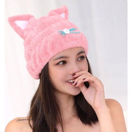 2Pcs Women Water Absorbing Fast Dry Hair Hat Bathing Towel Spa Wrap Shower Supply pink cute cartoon Cap Towel set