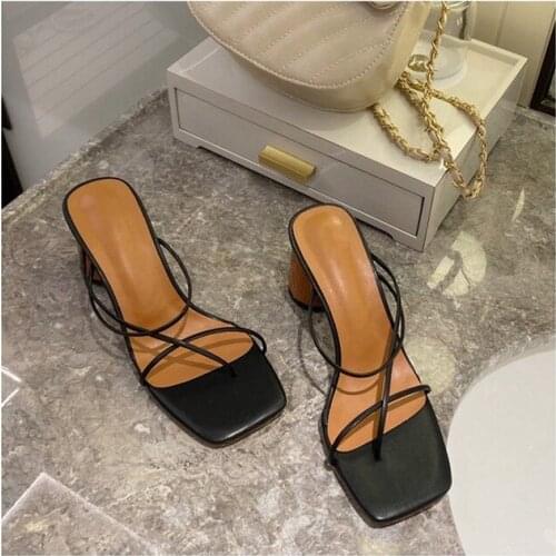 2021 Wooden Heel Simple Sandals 5cm Square Toe Womens Fashion Shoes Chunky Heel High Heels