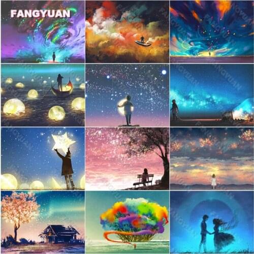 Diamond Painting Fantasy Sky Scenery Rainbow Clouds Surround The Tree and Stars Landscape Mosaic Art Diamond Embroidery Handmade