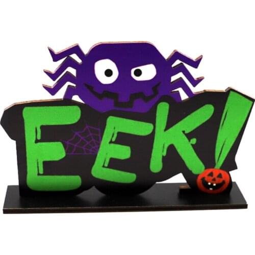 Halloween EEK Spider Wooden Desktop Ornaments Creative Decor for Home Indoor Festival Party Desktop Decoration Art Craft