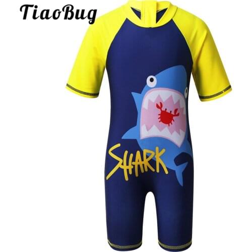 TiaoBug Kids Boys One-piece Swimsuit Short Sleeves Shark/Dinosaur Printed Zippered Swimwear Bathing Suit Toddlers Rash Guards