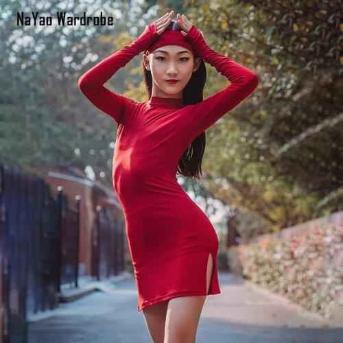 2020 New Long Sleeve Red High Neck Kids Latin Dance Dress Dancing Performance Girl Dress Ballroom Samba Tango H9246