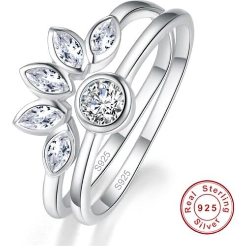 JQUEEN 100% 925 Sterling Silver Lovely Flower Shape White CZ Finger Rings for Women 2pcs Engagement Fine Jewelry S925 Gift