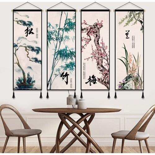 Chinese Ink Painting Bamboo Scroll Painting Wood for Home Office Decor Canvas Printed Poster Plum Blossom Wall Hanging Decor Art