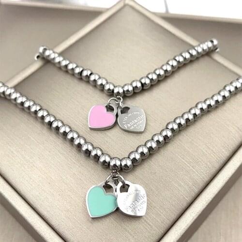 Fashion Stainless Steel Luxury Fantastic Letter Pink Blue Double Heart Bead Chain Bracelet Bangle Woman Party Gift