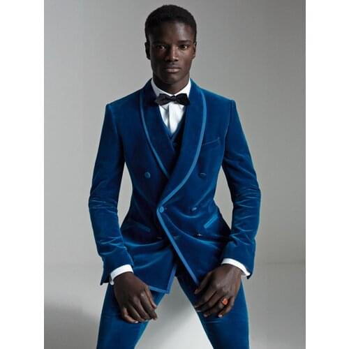 ANNIEBRITNEY Royal Blue Double Breasted Men Velvet Suit Custom 3 Piece Slim Fit Groom Wedding Tuxedo Prom Wedding Velvet Suit