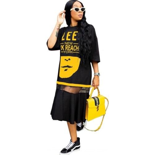 4XL Plus Size Dress Women Casual Half Sleeve Tee Shirt Long Dress Fashion Letter And Face Print Patchwork Streetwear Loose Dress