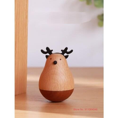 Birthday Gift For Child Natural Wood Crafts Cute Animal Statue Funny Tumbler Spinning Top Ornament Girls Desktop Decor Kids Toy