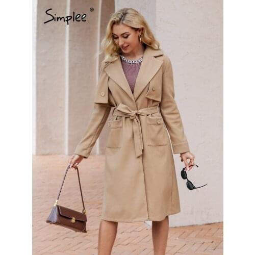 Simplee Elegant v-neck lace up long sleeve button trench coats Office notched pocket sash long coat Female blazer collar outwear