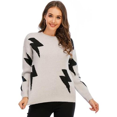 Women Lightning Sweater Long Sleeves Pullover Loose Round Neck Fashion Knitwear Plus size womens sweater star lightning pattern