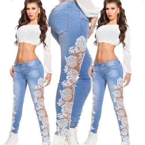 VogueAngel Women Stretch Lace Floral Side Spliced Denim Trousers Hollow Out Slim Pencil Pants Women Jeans Femme Pantalo