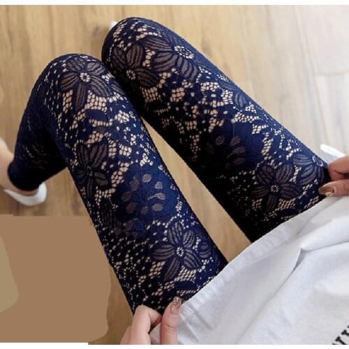 Lace Floral Hollow Out Womens Leggings 2021 Spring Summer New High Waist Outer Wear Thin Slim Stretchy Black Ankle-length Pants