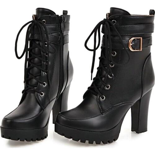 Women Super High Heel Waterproof Platform Ankle Boots Non-Slip Wear-Resistant Fashion Zip Lace-Up Martin Boots Autumn Lady Shoes